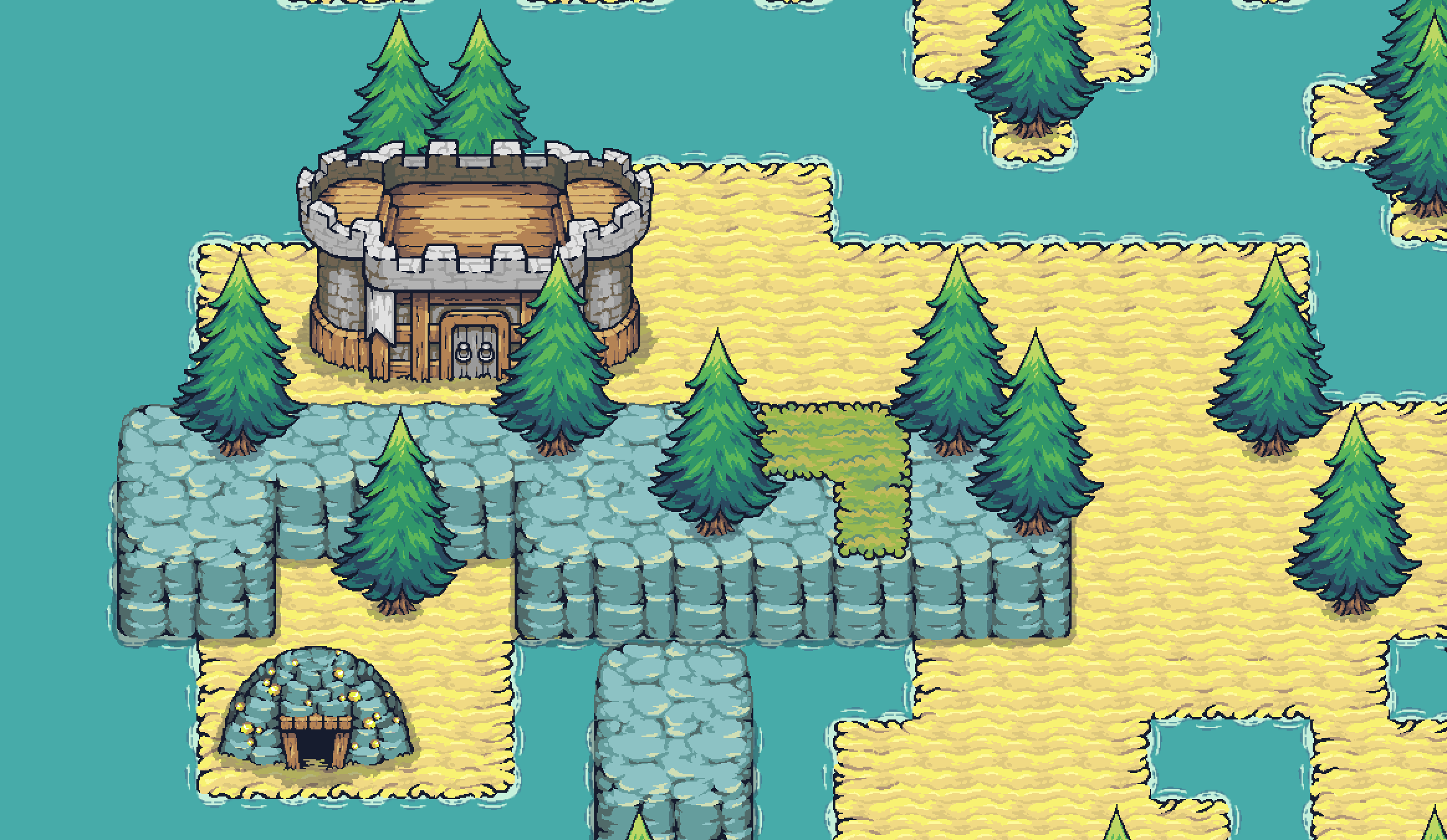 Wildermine gameplay screenshot showing a village settlement with wooden houses and surrounding forest