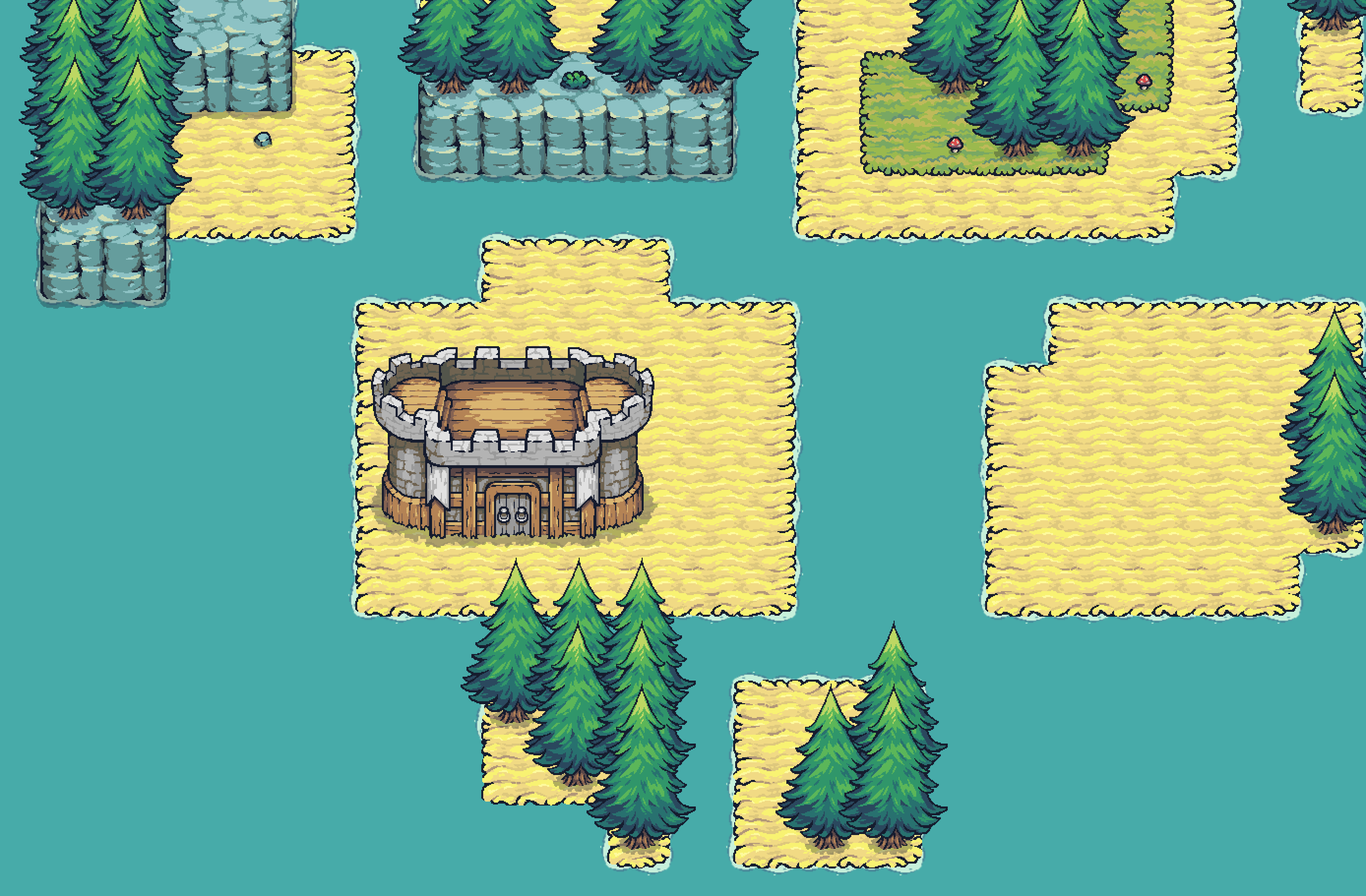 Wildermine gameplay screenshot showing a coastal settlement surrounded by pine trees
