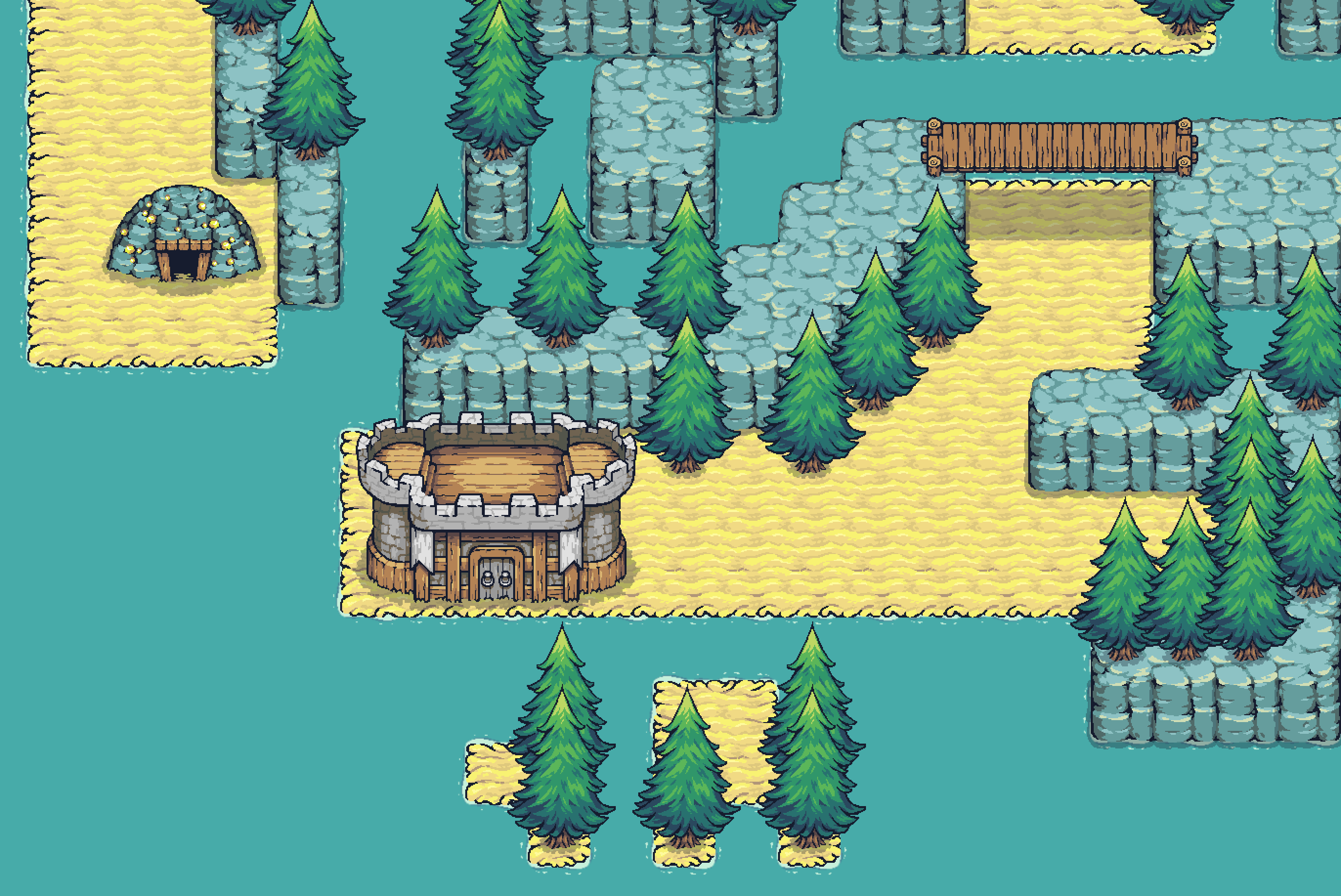 Wildermine gameplay screenshot featuring a village on an island with stone paths