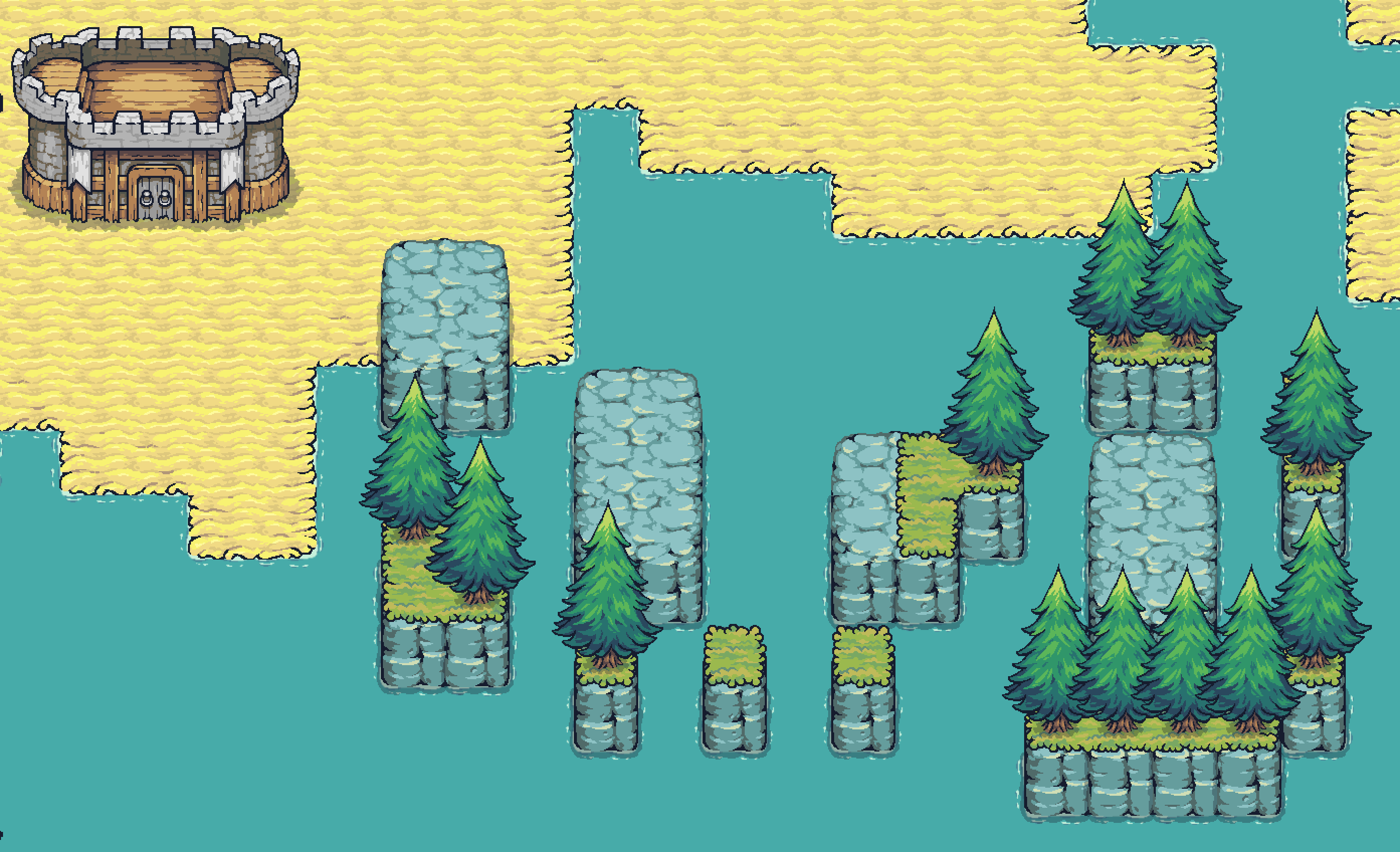 Wildermine gameplay screenshot of a settlement near water with dense forest coverage