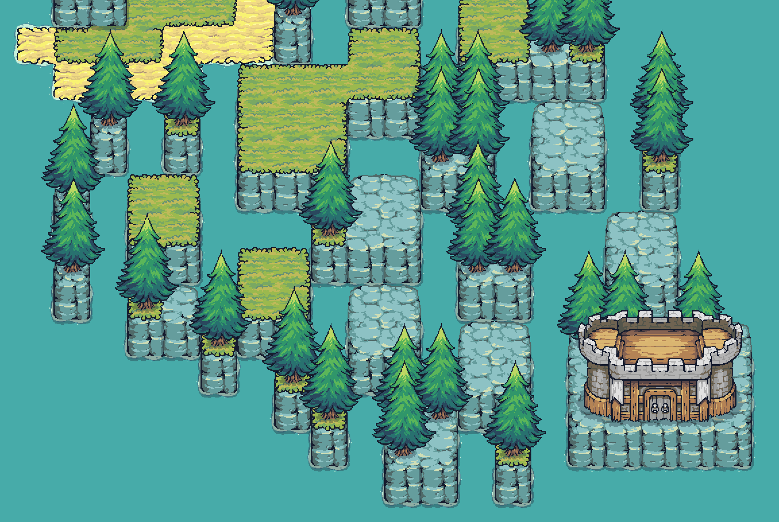 Wildermine gameplay screenshot showing a heavily forested area with a central village