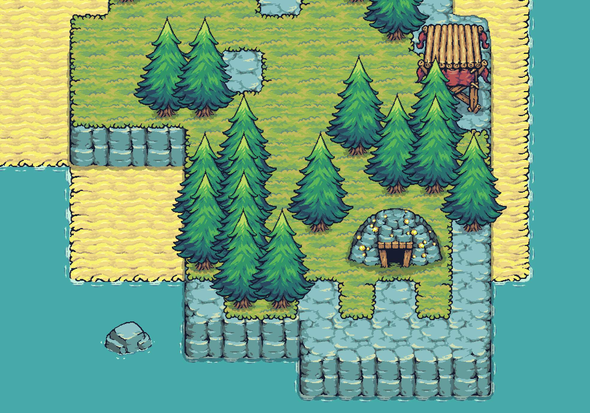 Wildermine gameplay screenshot displaying a settlement on rocky terrain with pine trees